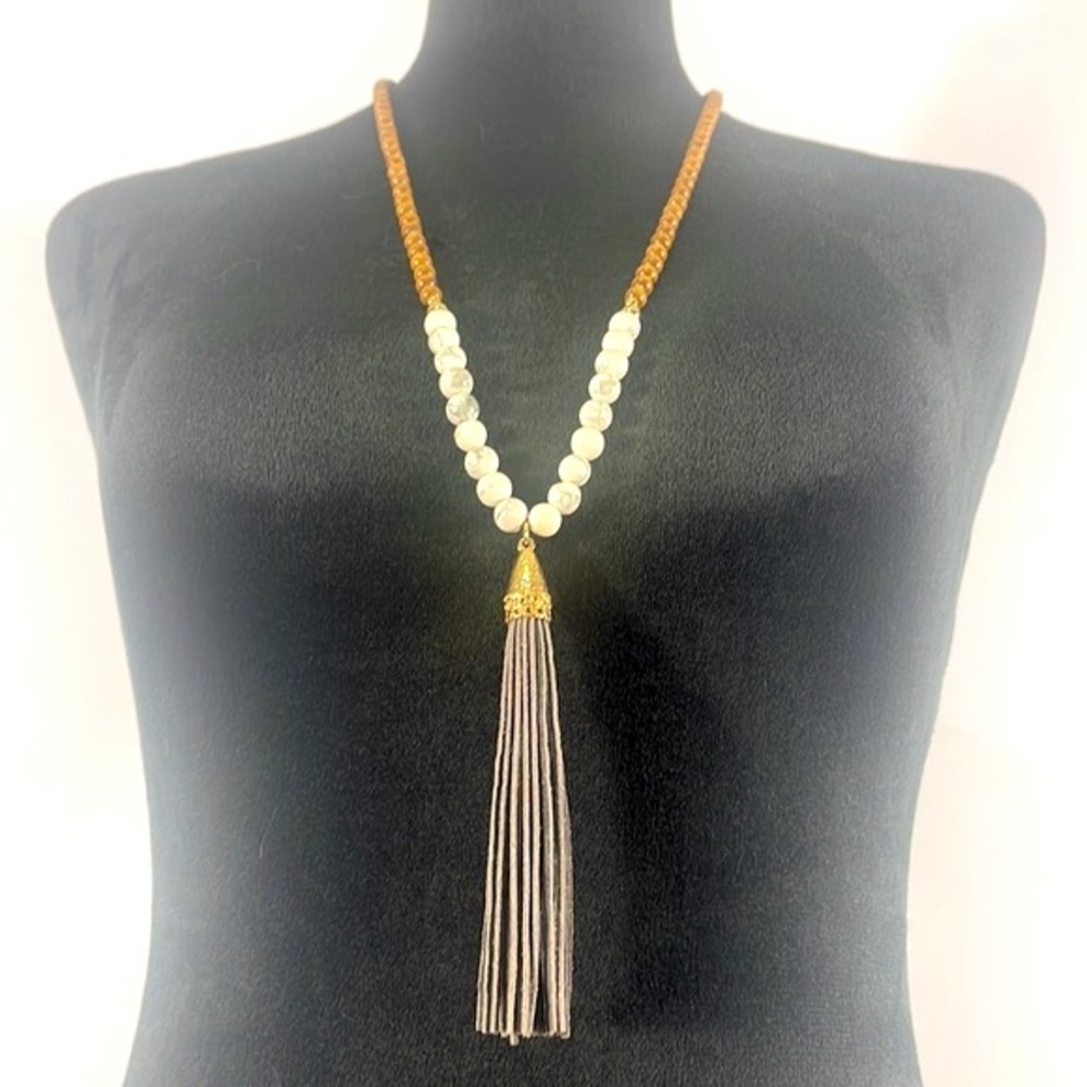 BCBG Long Tassel White,Grey Howlite & Wood, Necklace,Gold,Grey Suede Tassel,Boho - Picture 4 of 8